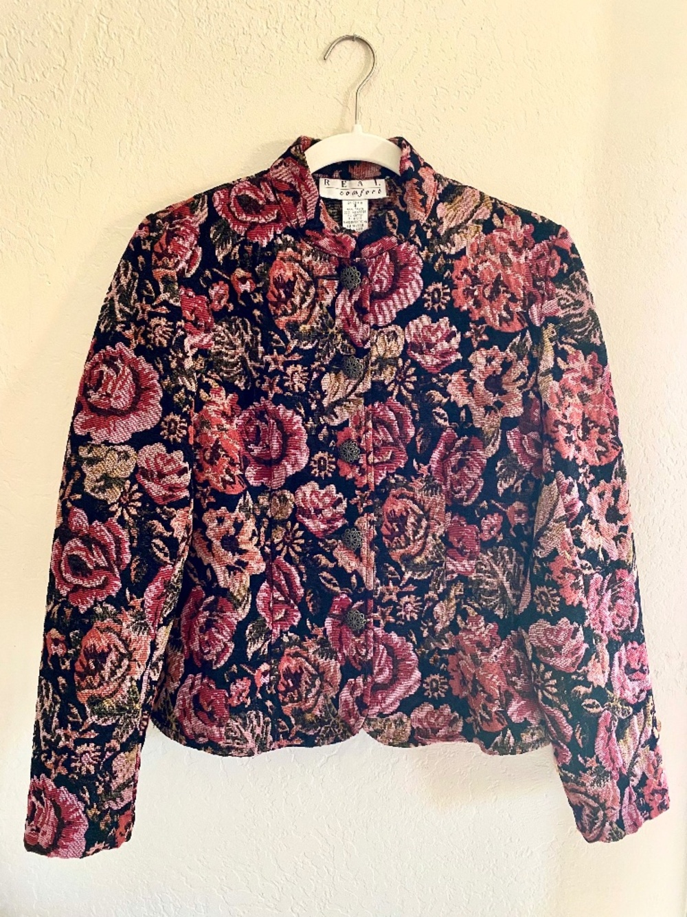 Floral Brocaid Jacket in Black and Rose by Real Comfort
